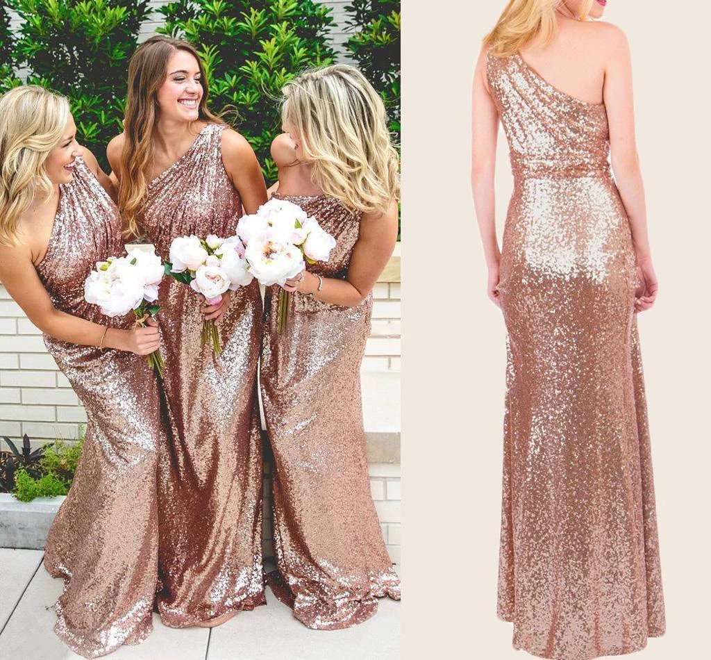 Rose Gold Sparkly Bridesmaid Dresses Sequins Lace One Shoulder BD096 by pgmdress