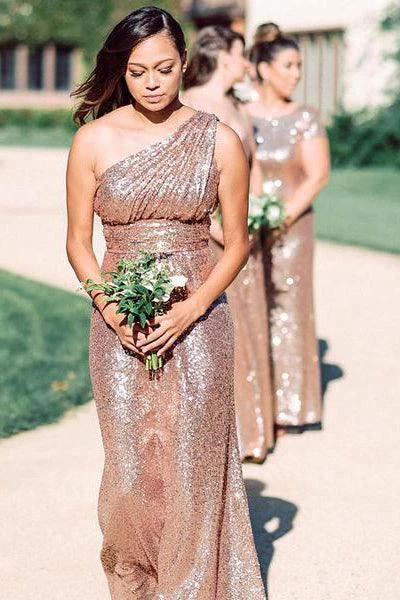 Rose Gold Sparkly Bridesmaid Dresses Sequins Lace One Shoulder BD096 by pgmdress