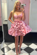 Rosette Straps Pink Corset Homecoming Dress Short Prom Dress PD515 by pgmdress