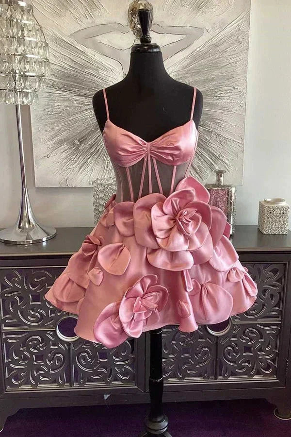 Rosette Straps Pink Corset Homecoming Dress Short Prom Dress PD515 by pgmdress