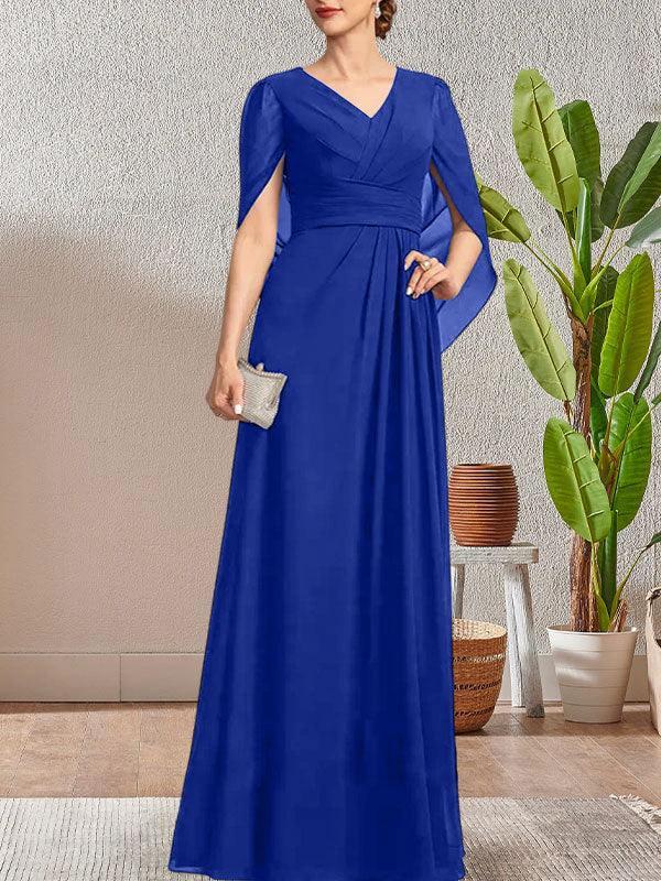 Dark Navy A-Line V-Neck Long Mother of Bride Dress by Dreamylily