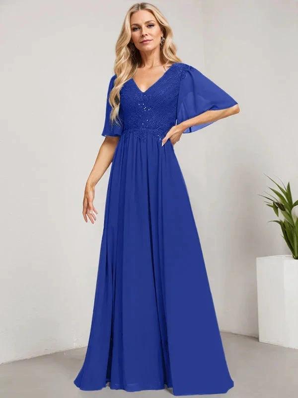 A-line V-Neck Floor-Length Lace Chiffon Mother of the Bride Dress With Sequins by Dreamylily