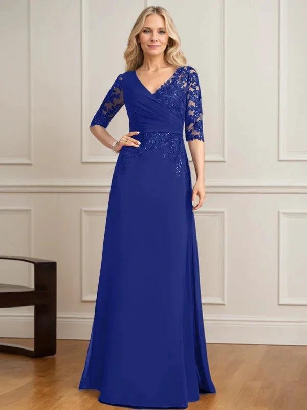 A-line V-Neck Floor-Length Lace Chiffon Mother of the Bride Dress With Pleated Sequins by Dreamylily