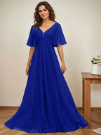 A-line V-Neck Floor-Length Chiffon Mother of the Bride Dress With Sequins Appliques Lace Pleated by Dreamylily