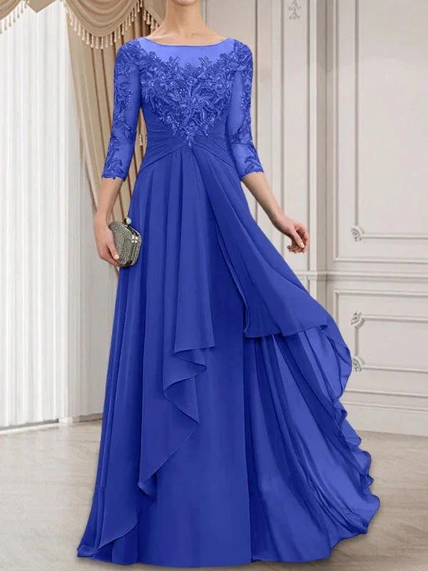 A-line Scoop Illusion Floor-Length Lace Chiffon Mother of the Bride Dress With Cascading Ruffles by Dreamylily
