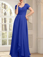 A-line Sweetheart Floor-Length Chiffon Lace Mother of the Bride Dress With Beading Cascading Ruffles by Dreamylily