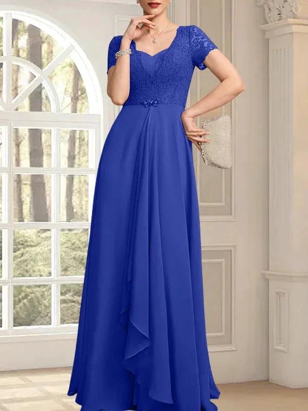 A-line Sweetheart Floor-Length Chiffon Lace Mother of the Bride Dress With Beading Cascading Ruffles by Dreamylily