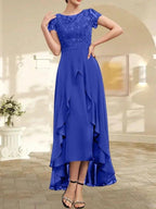 A-line Scoop Illusion Asymmetrical Chiffon Lace Mother of the Bride Dress With Bow Ruffle Sequins by Dreamylily