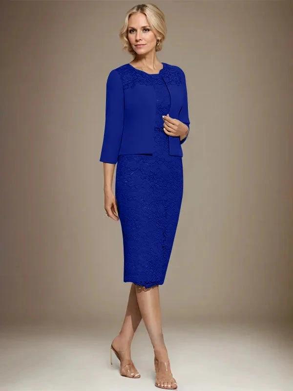 Sheath/Column Scoop Knee-Length Chiffon Lace Mother of the Bride Dress With Beading by Dreamylily