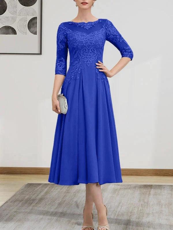 A-line Scoop Illusion Tea-Length Chiffon Lace Mother of the Bride Dress With Beading Sequins by Dreamylily
