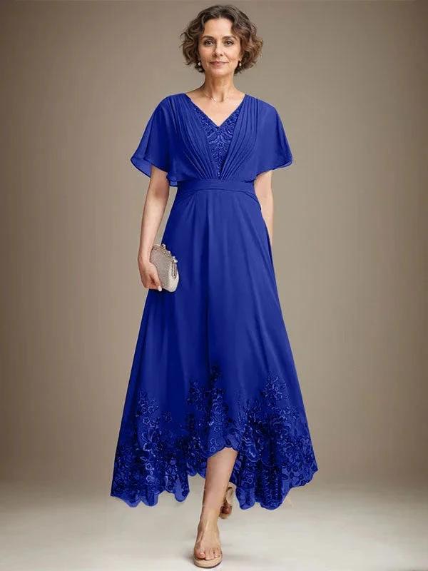 A-line V-Neck Asymmetrical Lace Chiffon Mother of the Bride Dress With Pleated by Dreamylily