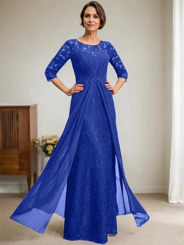 A-Line Scoop Illusion Floor-Length Lace Chiffon Mother Of the Bride Dress With Beading Ruffles by Dreamylily