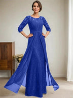A-Line Scoop Illusion Floor-Length Lace Chiffon Mother Of the Bride Dress With Beading Ruffles by Dreamylily