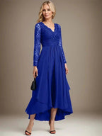 A-line V-Neck Asymmetrical Lace Chiffon Mother of the Bride Dress by Dreamylily