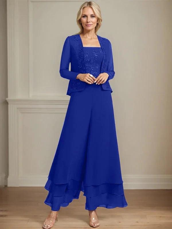 Separates Jumpsuit/Pantsuit Square Ankle-Length Lace Chiffon Mother of the Bride Dress With Sequins by Dreamylily