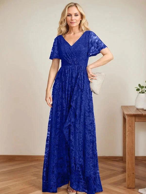 A-Line V-Neck Asymmetrical Lace Mother of the Bride Dress With Cascading Ruffles by Dreamylily