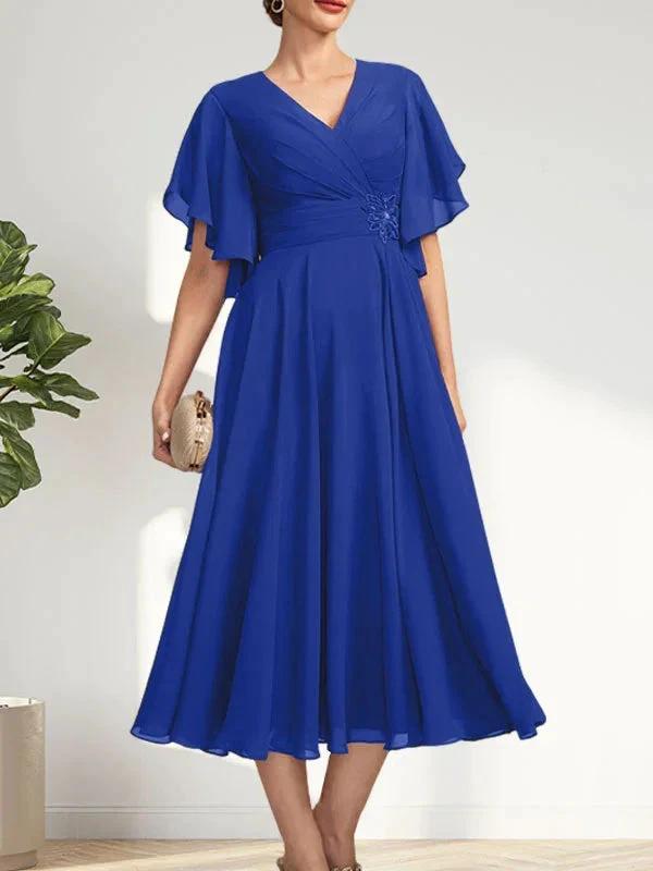 A-line V-Neck Tea-Length Chiffon Mother of the Bride Dress With Pleated Beading by Dreamylily
