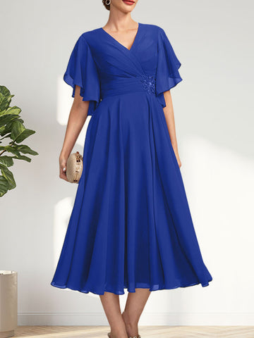A-line V-Neck Tea-Length Chiffon Mother of the Bride Dress With Pleated Beading