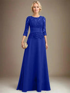 A-line Scoop Illusion Floor-Length Chiffon Lace Mother of the Bride Dress With Pleated Sequins Beading by Dreamylily