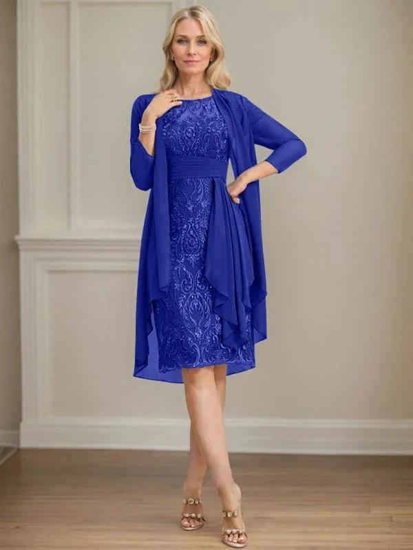 Sheath/Column Scoop Illusion Knee-Length Lace Chiffon Mother of the Bride Dress With Cascading Ruffles Sequins by Dreamylily