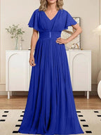 A-line V-Neck Floor-Length Chiffon Mother of the Bride Dress With Crystal Brooch Pleated by Dreamylily