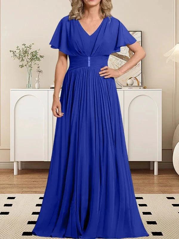 A-line V-Neck Floor-Length Chiffon Mother of the Bride Dress With Crystal Brooch Pleated by Dreamylily