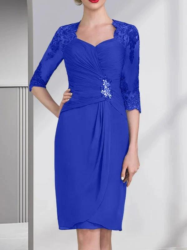 Sheath/Column Sweetheart Knee-Length Chiffon Mother of the Bride Dress With Beading Appliques Lace Sequins Pleated by Dreamylily