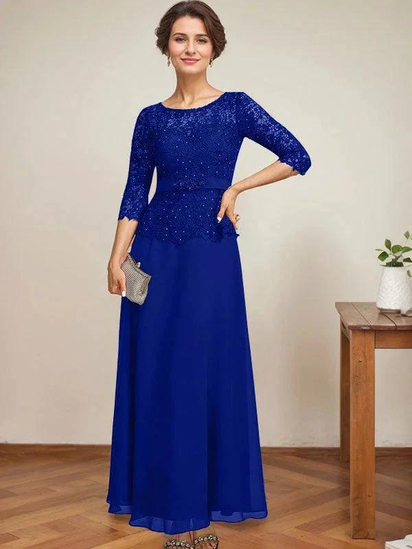 A-line Scoop Illusion Ankle-Length Chiffon Lace Mother of the Bride Dress With Rhinestone Beading by Dreamylily