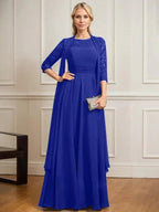 A-line Scoop Illusion Floor-Length Lace Chiffon Mother of the Bride Dress With Pleated by Dreamylily