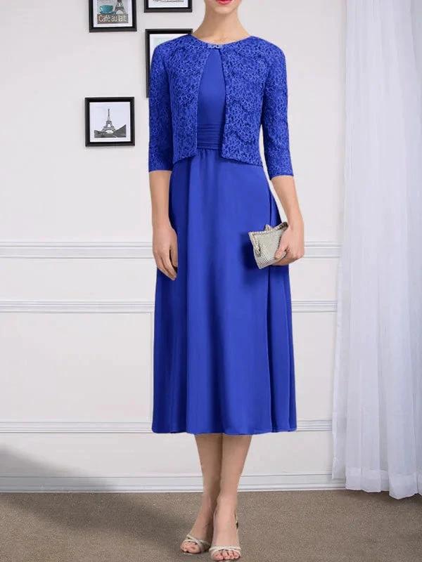 A-line Scoop Tea-Length Chiffon Mother of the Bride Dress With Pleated by Dreamylily