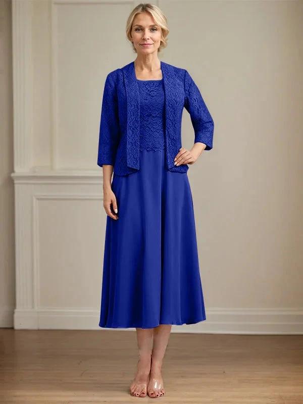 A-line Scoop Tea-Length Lace Chiffon Mother of the Bride Dress by Dreamylily