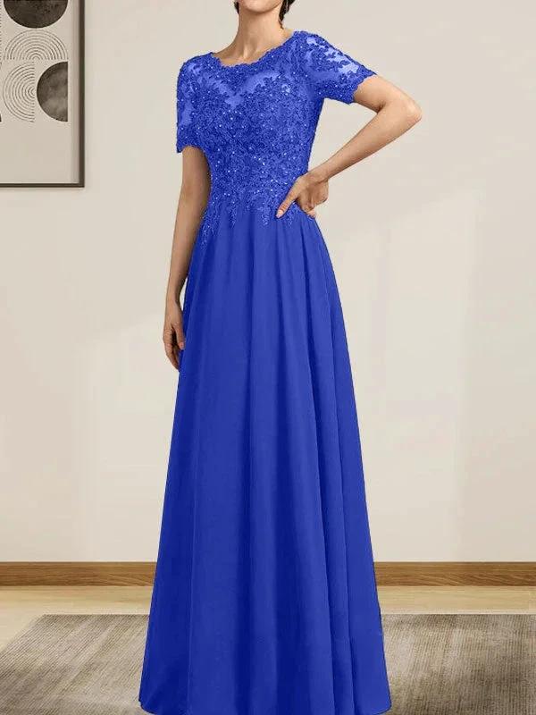 A-line Scoop Illusion Floor-Length Chiffon Lace Mother of the Bride Dress With Sequins Beading by Dreamylily