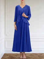 A-line V-Neck Ankle-Length Chiffon Mother of the Bride Dress With Sequins Appliques Lace Beading by Dreamylily