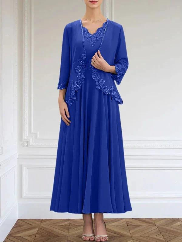 A-line V-Neck Ankle-Length Chiffon Mother of the Bride Dress With Sequins Appliques Lace Beading by Dreamylily