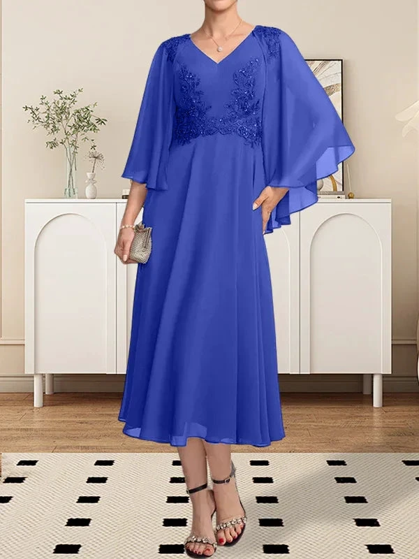 A-line V-Neck Tea-Length Chiffon Lace Mother of the Bride Dress With Beading Sequins by Dreamylily