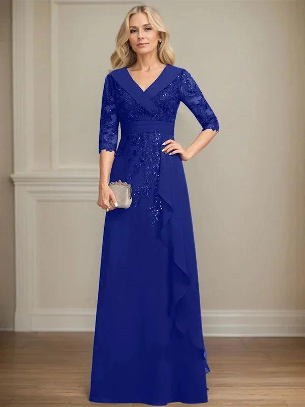 A-line Collared V-Neck Floor-Length Lace Chiffon Mother of the Bride Dress With Sequins Cascading Ruffles by Dreamylily