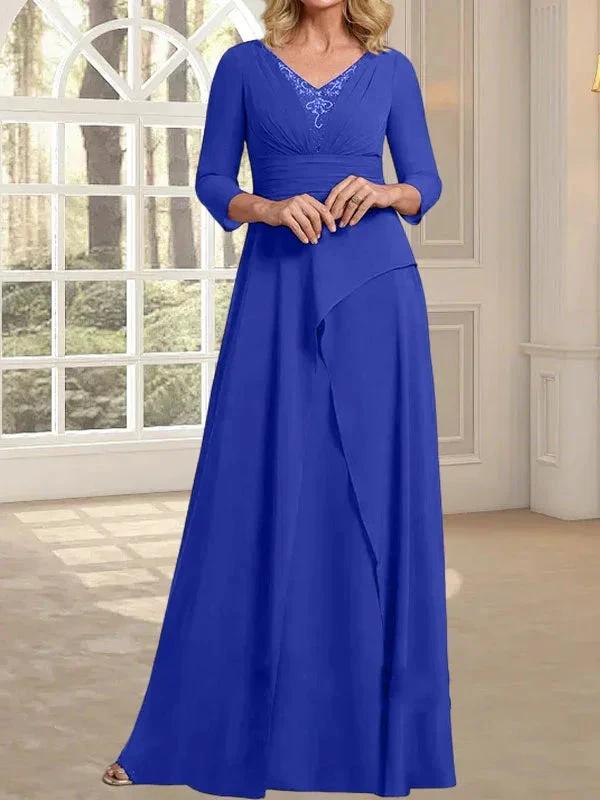 A-line V-Neck Floor-Length Chiffon Mother of the Bride Dress With Pleated Beading by Dreamylily