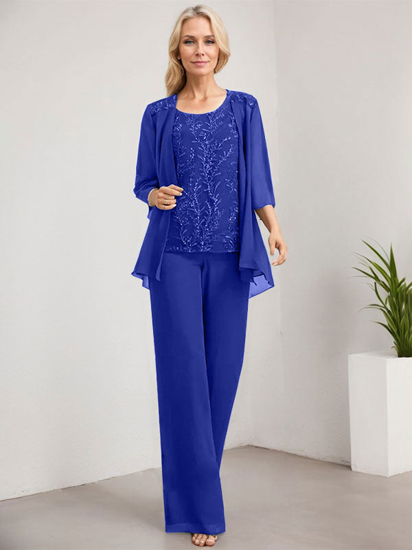 Separates Jumpsuit/Pantsuit Scoop Floor-Length Lace Chiffon Mother of the Bride Dress With Sequins