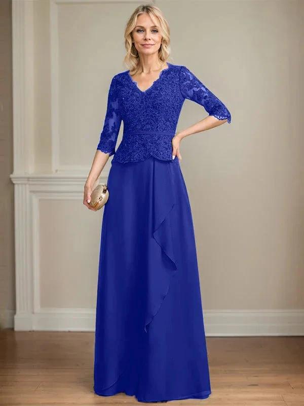 A-line V-Neck Floor-Length Lace Chiffon Mother of the Bride Dress With Cascading Ruffles Sequins by Dreamylily