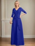 A-line V-Neck Floor-Length Lace Chiffon Mother of the Bride Dress With Cascading Ruffles Sequins by Dreamylily