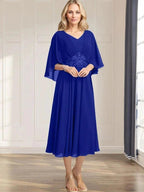 A-line V-Neck Tea-Length Chiffon Mother of the Bride Dress With Pleated Sequins Appliques Lace Beadind by Dreamylily