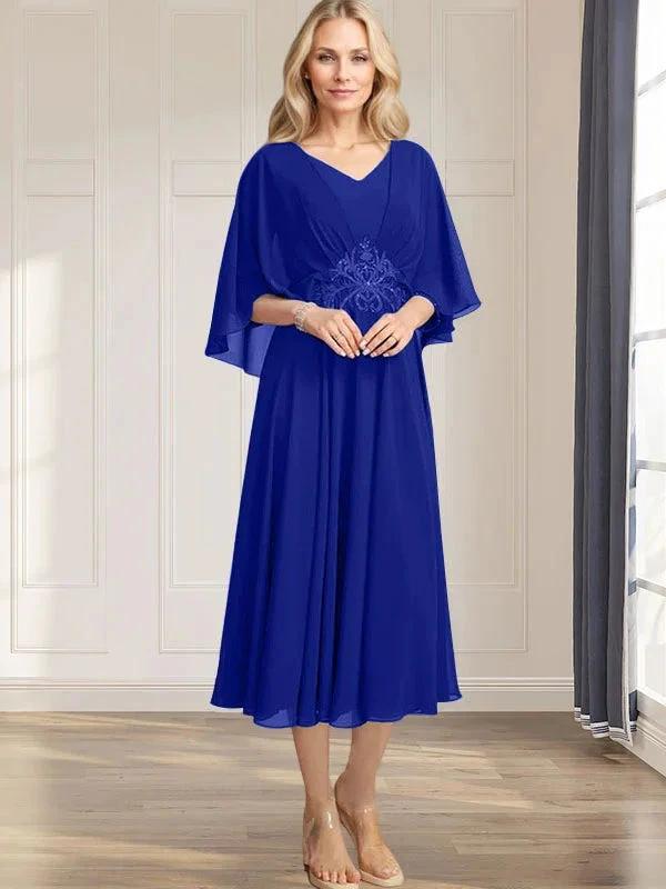 A-line V-Neck Tea-Length Chiffon Mother of the Bride Dress With Pleated Sequins Appliques Lace Beadind by Dreamylily