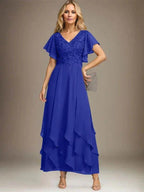 A-line V-Neck Ankle-Length Lace Chiffon Mother of the Bride Dress With Cascading Ruffles by Dreamylily