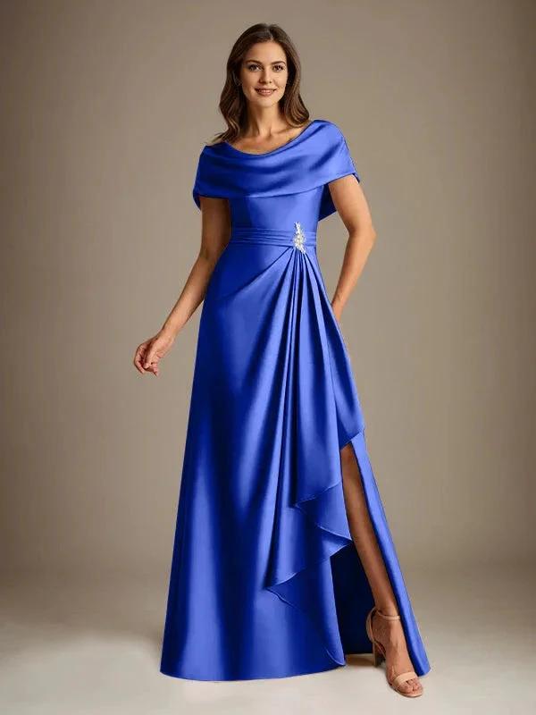 A-Line Scoop Floor-Length Stretch Satin Mother of the Bride Dress With Cascading Ruffles by Dreamylily