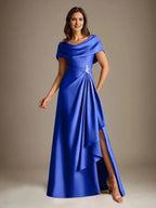 A-Line Scoop Floor-Length Stretch Satin Mother of the Bride Dress With Cascading Ruffles by Dreamylily
