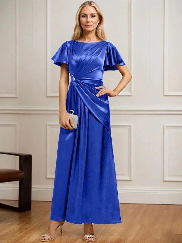 A-line Scoop Ankle-Length Stretch Satin Mother of the Bride Dress With Pleated Beading by Dreamylily