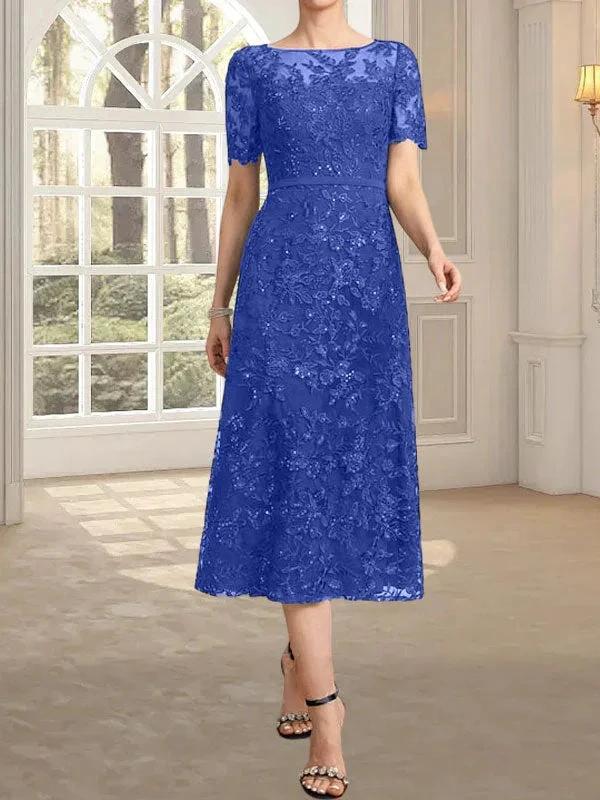 A-line Scoop Illusion Tea-Length Lace Mother of the Bride Dress With Sequins by Dreamylily