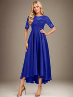 A-line Scoop Illusion Asymmetrical Stretch Satin Lace Mother of the Bride Dress With Sequins by Dreamylily