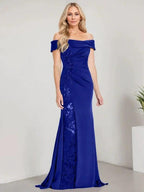 A-Line Off the Shoulder Floor-Length Mother of the Bride Dress Applique Beadings Mermaid Dress With High Split by Dreamylily