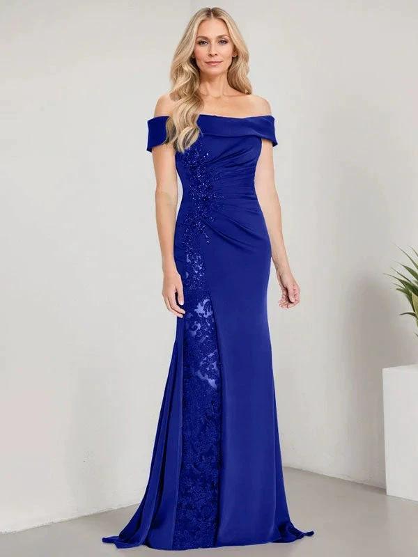 A-Line Off the Shoulder Floor-Length Mother of the Bride Dress Applique Beadings Mermaid Dress With High Split by Dreamylily